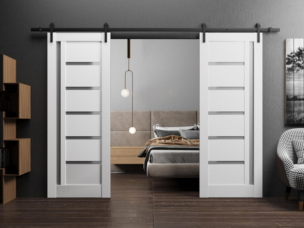 Sliding Double Barn Doors 72 x 96 inches | Quadro 4088 White | Double Barn Doors | Frosted Glass MDF Hardware