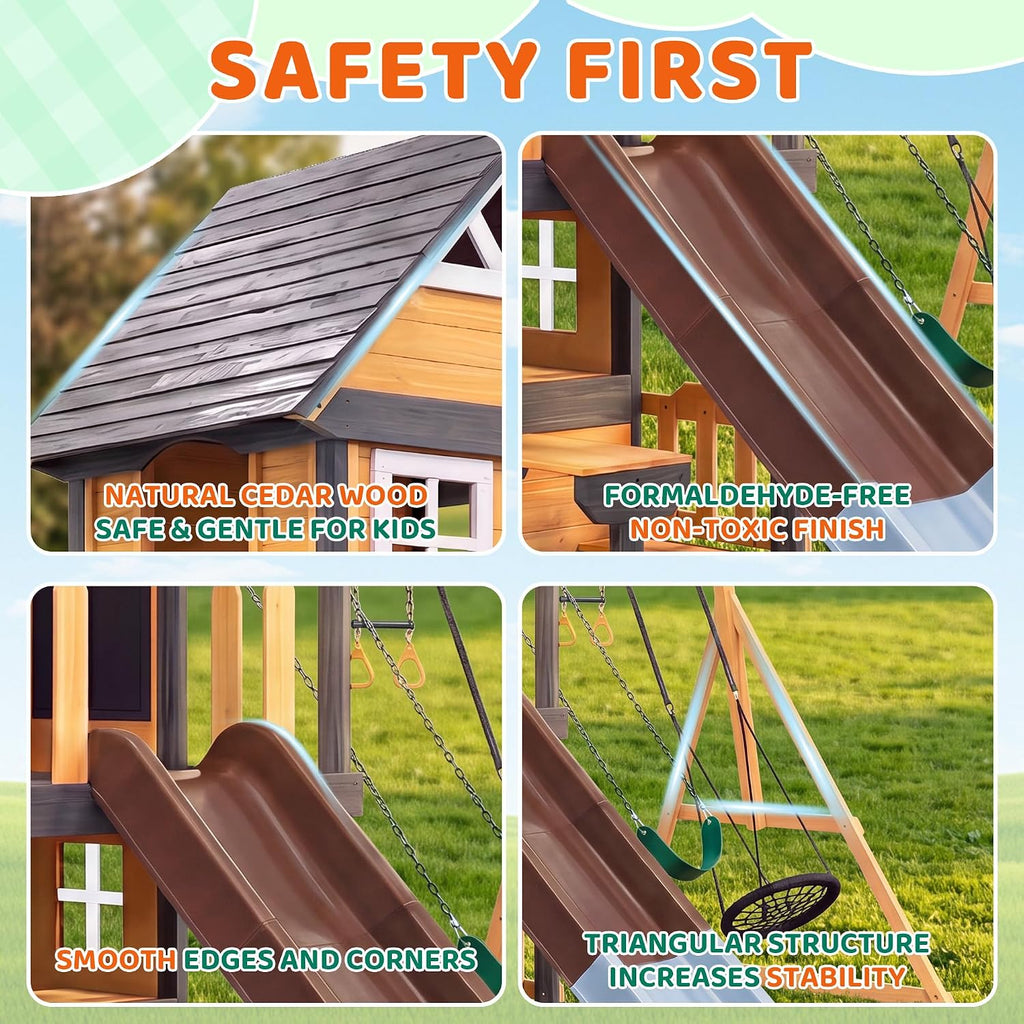Kids Playground Wooden Swing Set Garden Lawn Play House, Natural | Solid Pine, Kids' Playground, ASTM Safety Norms