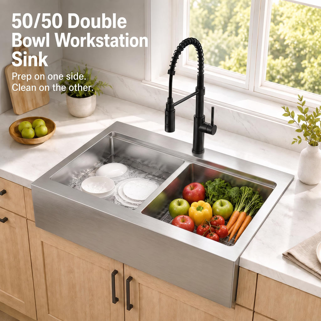 33 x 22 Drop In Farmhouse Kitchen Sink 50/50 Double Bowl