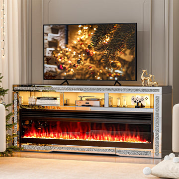 Mirrored Fireplace TV Stand for 65+ inch TV, Silver TV Console Table with Crushed Diamond and LED, Modern Media