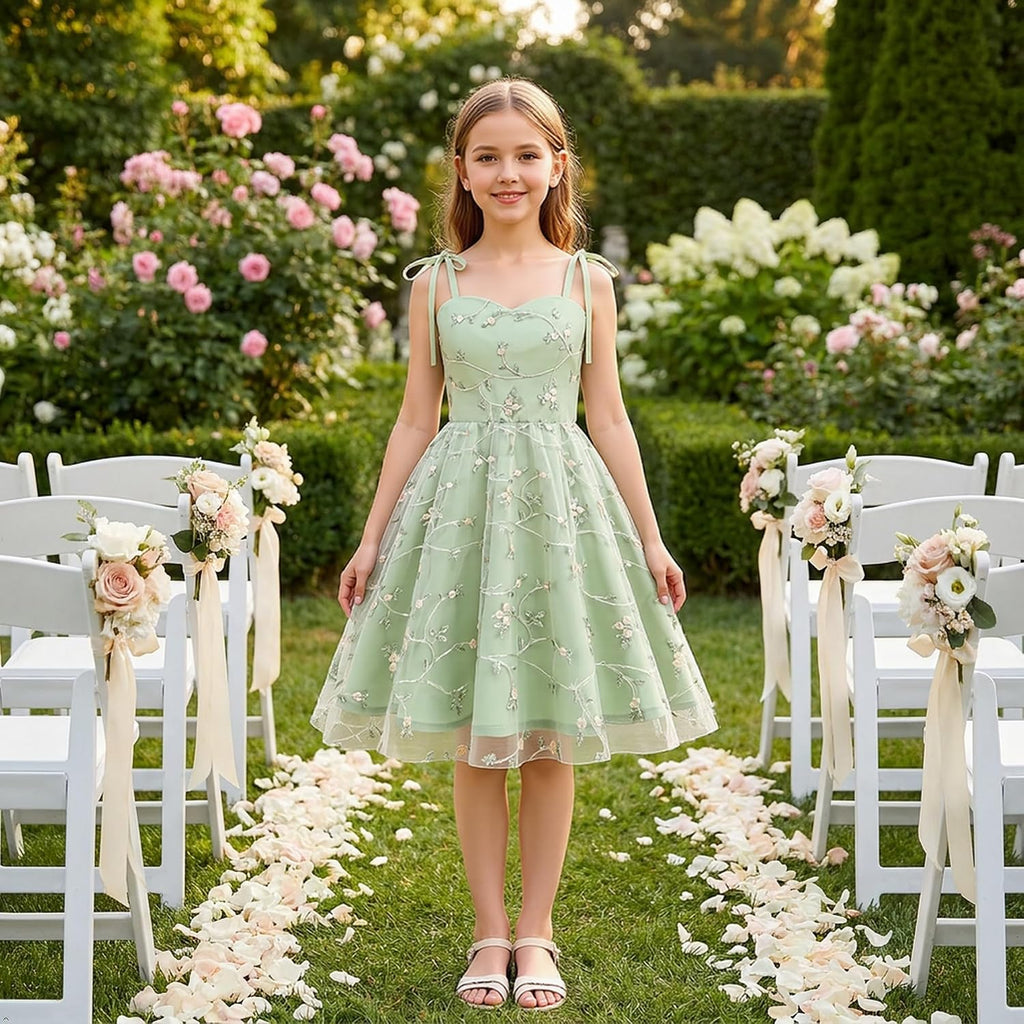 Embroidery Flower Girl Lace Dess for Kids Party Wedding Bridesmaid Tulle Dresses Princess Pageant Birthday Floral Gown
