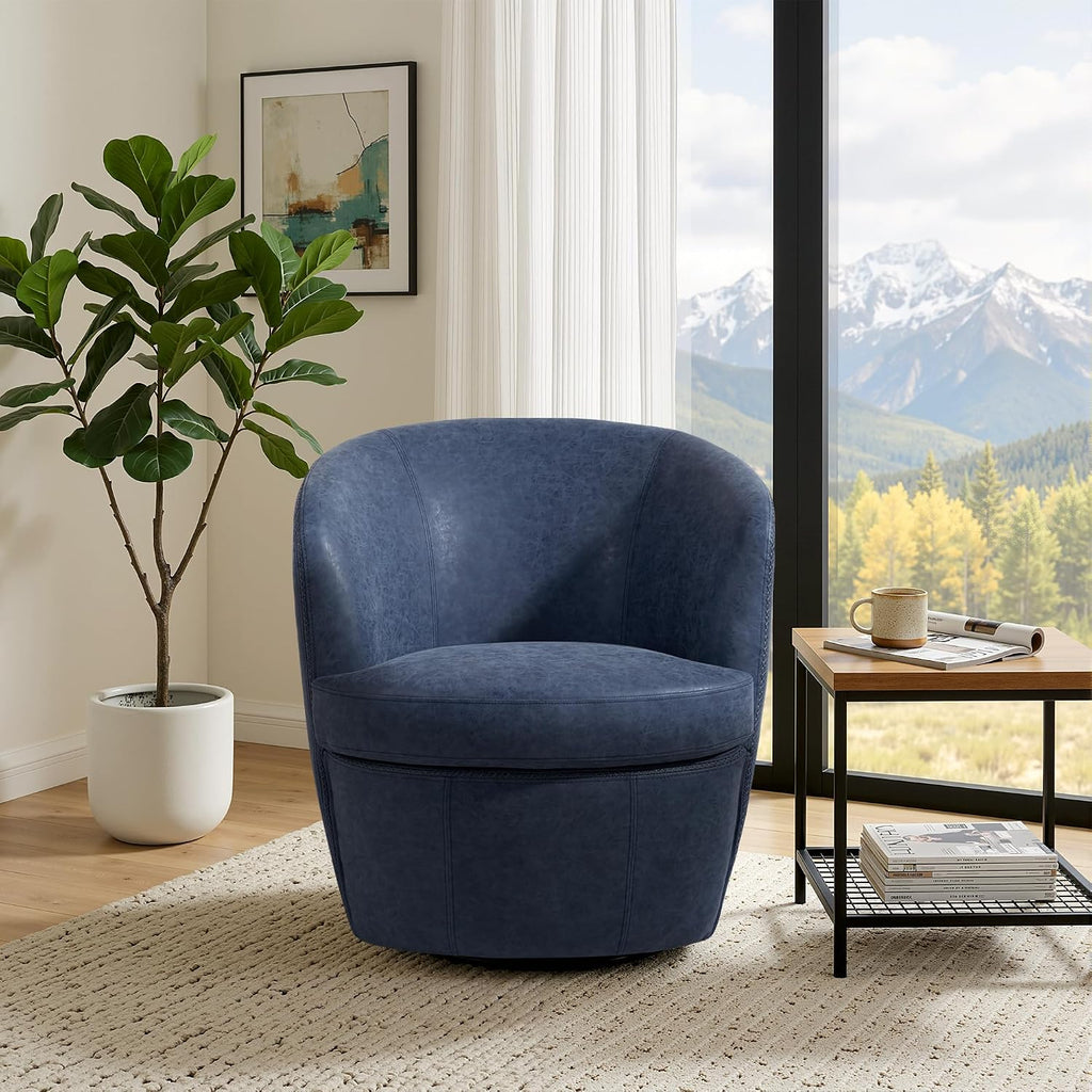 Faux Leather Swivel Accent Chairs, Barrel Club Chair, Navy - Set of 2