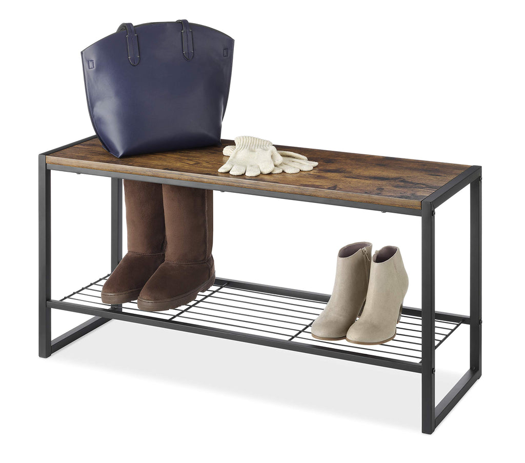 Entryway Bench, 35.5 Inch Modern Industrial Shoe Bench with Storage Shelf, Wood and Metal Shoe Rack Bench Seat