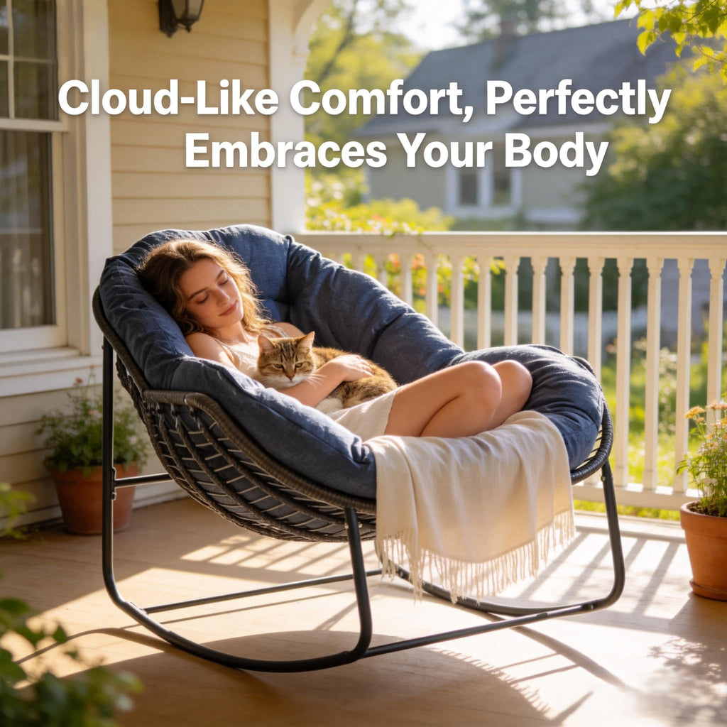 Oversized Outdoor Papasan Rocking Chair with Soft Cushion, Comfy Patio Egg Chair, Wicker Lounge Rocker for