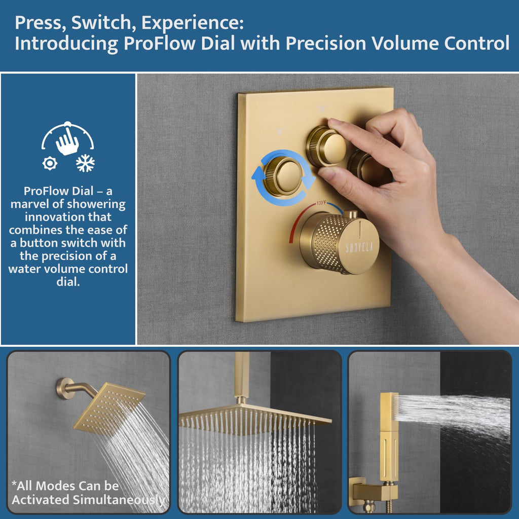 Thermostatic Shower System Brushed Gold, Push Button Diverter Shower Faucet with 2 in 1 Handheld, Ceiling Mount 12
