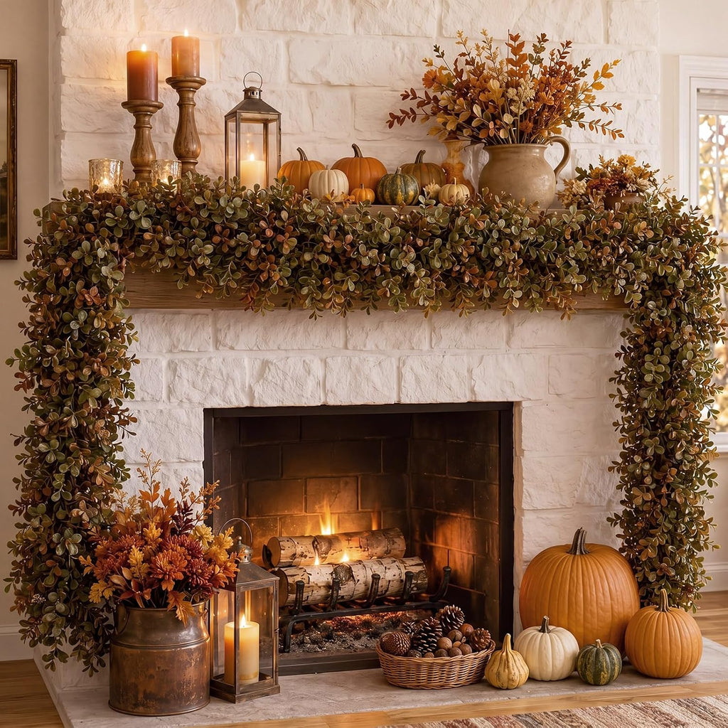 6 ft Fall Garland Artificial Boxwood Leaves Fall Garland for Mantle
