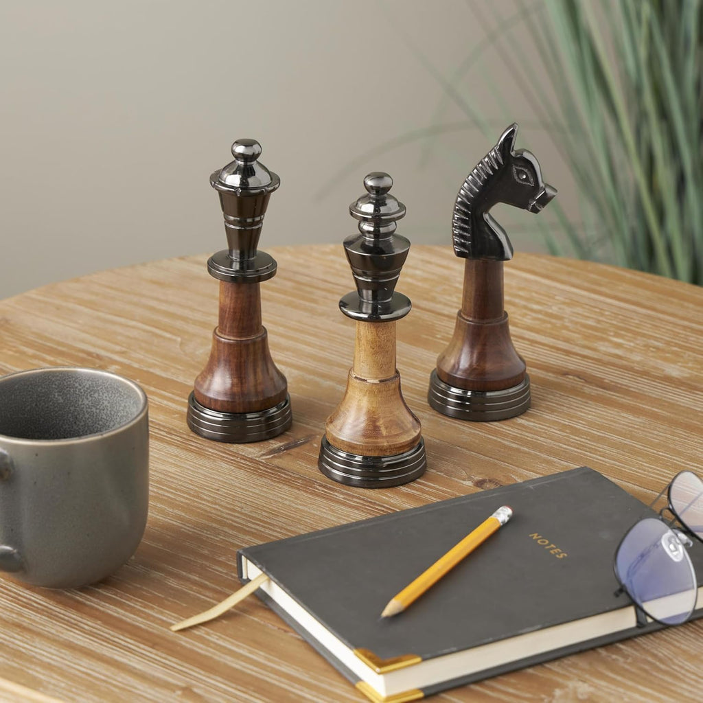 Aluminum Metal Chess Decorative Sculpture King, Queen, and Knight Home Decor Statues with Mango Wood Center - Set of 3