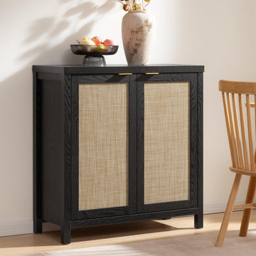 Rattan Black Sideboard Buffet Storage Cabinet with Large Storage