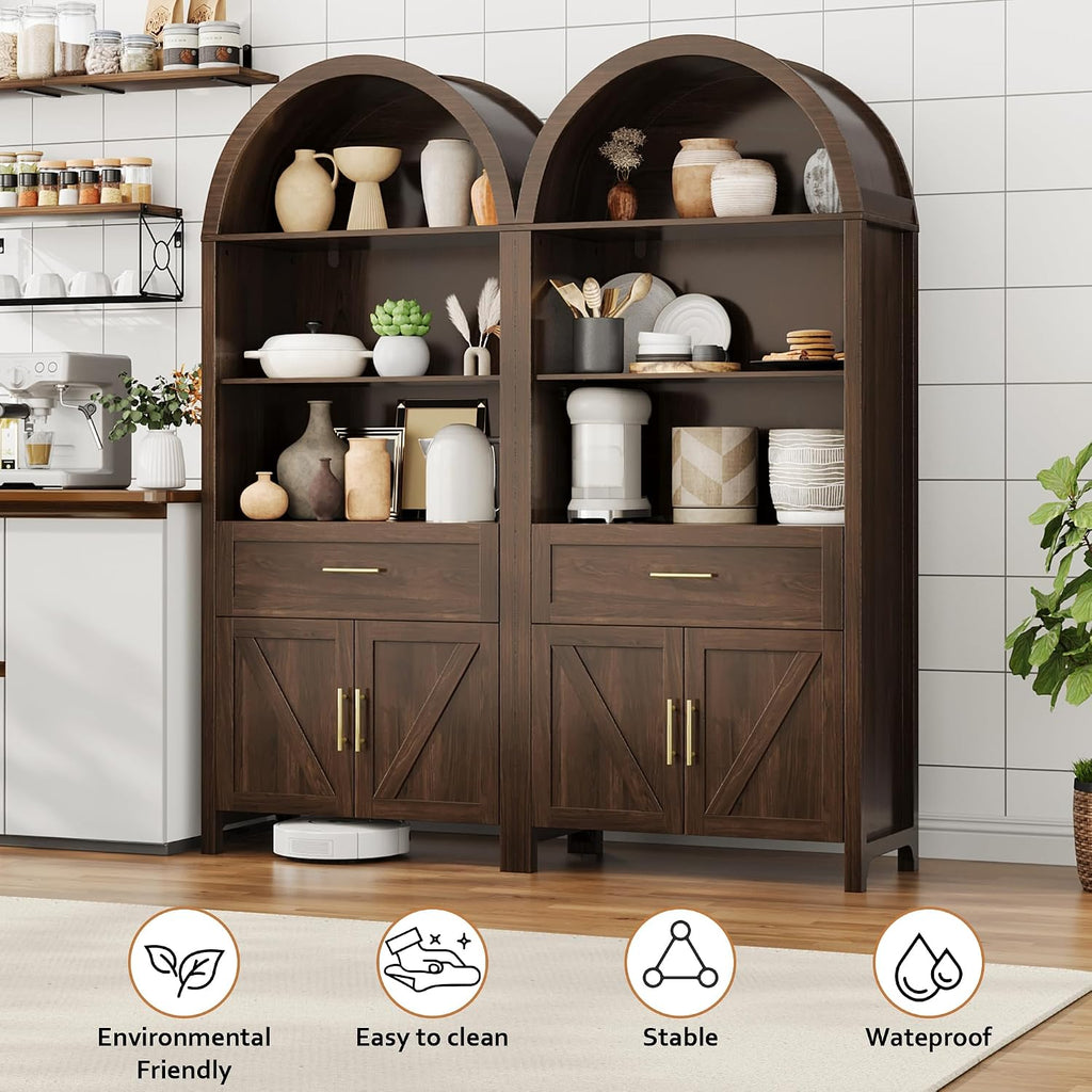 70.8" Tall Arched Bookcase 5-Tier Pantry Cabinet with Doors, Walnut | Tall wooden cabinet with five shelves, doors