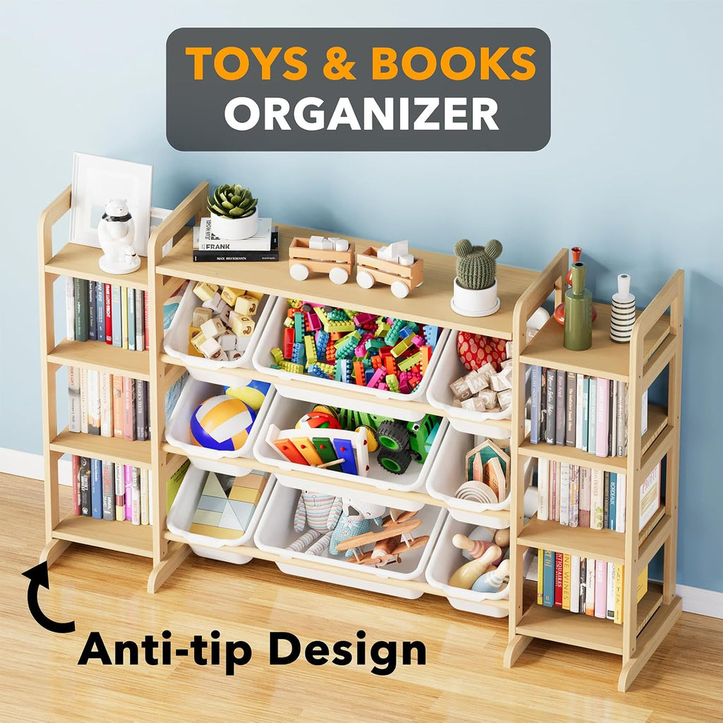 Large Toy Storage Organizer 9 Shelves 9 Bins, Toy Organizers Storage Bookshelf, Kids Bin Shelf Toys Box Bookcase