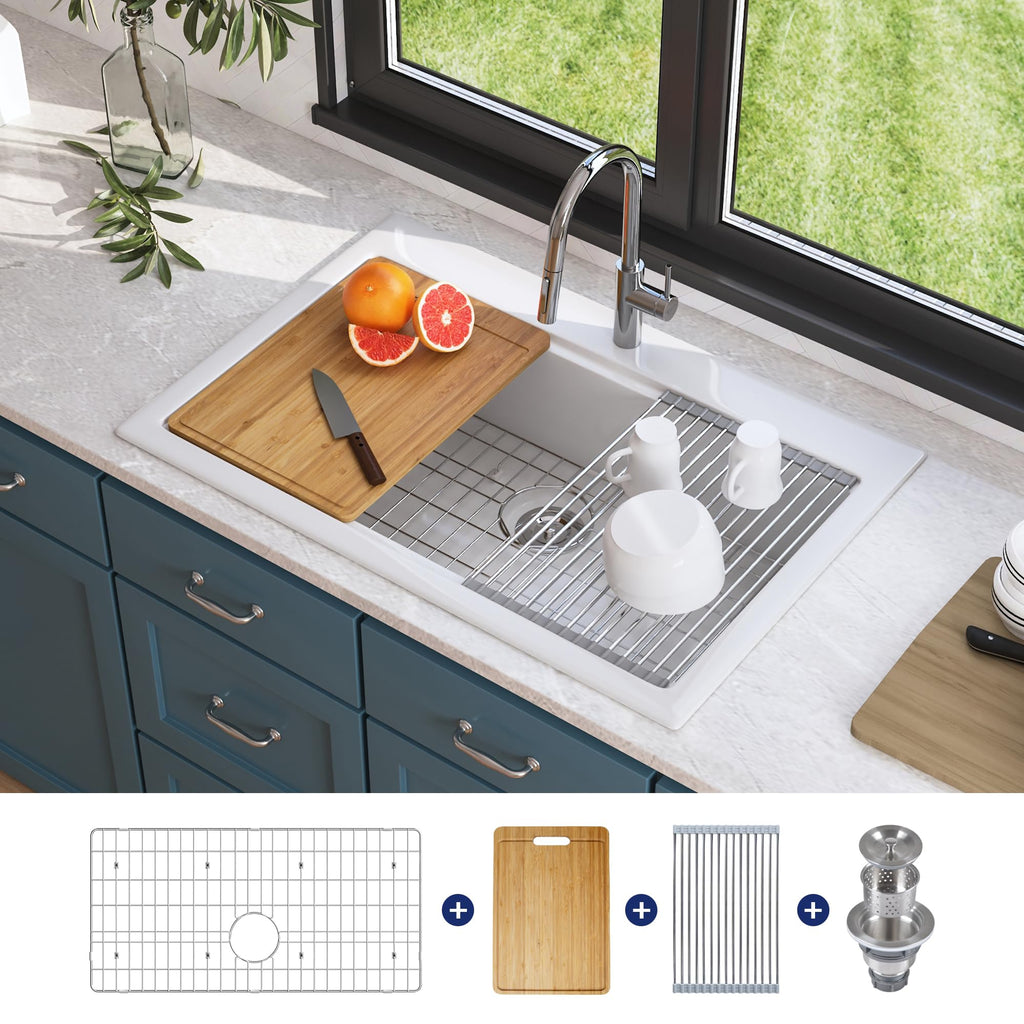 33 Inch Workstation Kitchen Sink White Undermount Farmhouse Sink