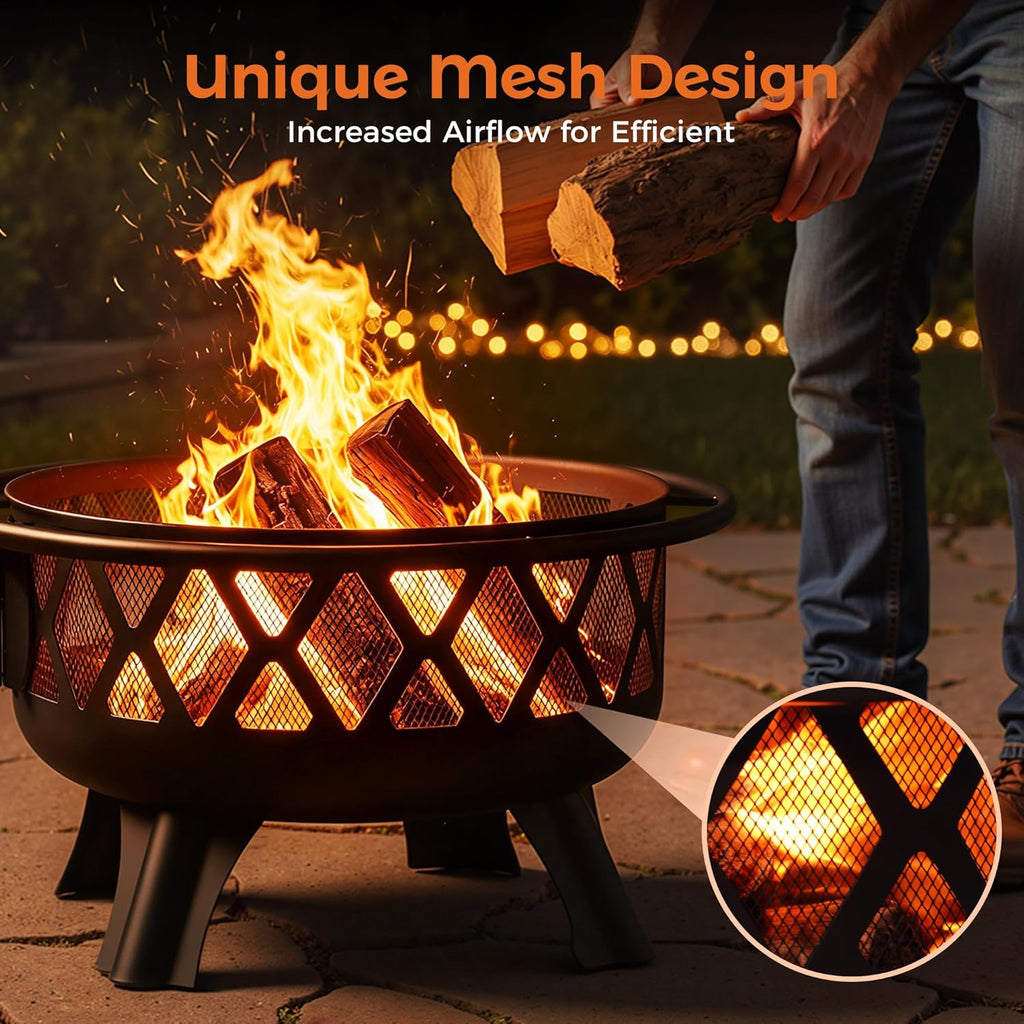 Outdoor Fire Pit for Wood, Portable Fire Pits for Outside Wood Burning, Patio Firepits for Outside with Grill