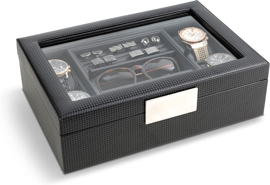 Valet Jewelry Box for Men - Holds 4 Watches, 12 cufflinks, 2 Sunglasses & Tray Storage - Mens Watch Case