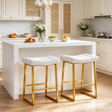 White & Gold Counter Height Bar Stools Set of 2 Counter Backless Kitchen Island Barstools with Upholstered Faux
