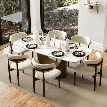 71" Hobart Modern Dining Table for 6-8, Matte White Dining Table Sintered Stone Dining Tabletop with Bronze Carbon
