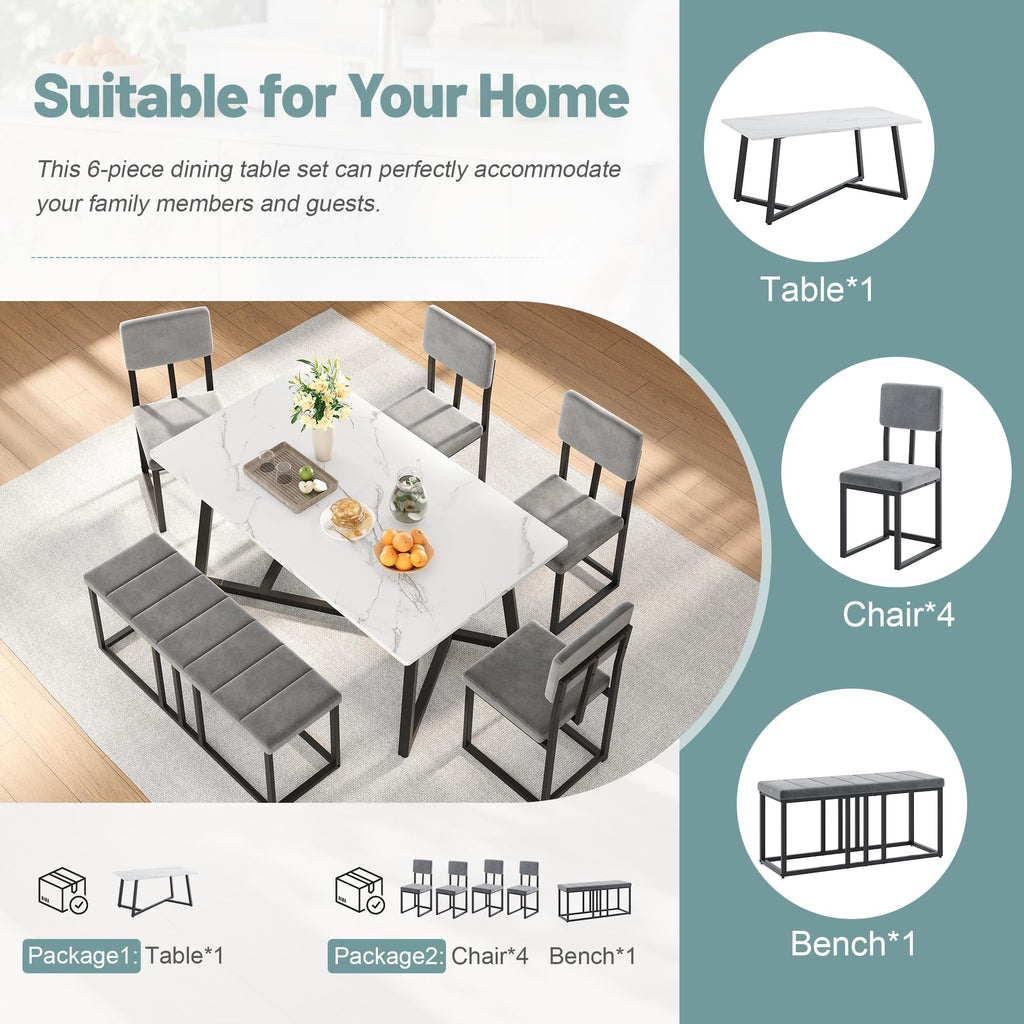 Dining Table Set for 6 with Velvet Upholstered 4 Chairs and 1 Bench