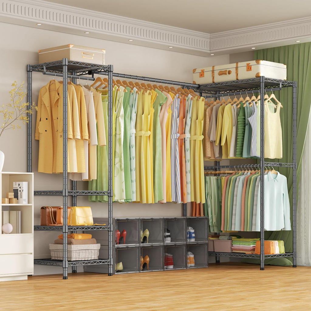 E10L L-Shaped Clothes Rack for Corner(With Expandable Hanger Rod)Heavy Duty Freestanding Clothing Racks for Hanging