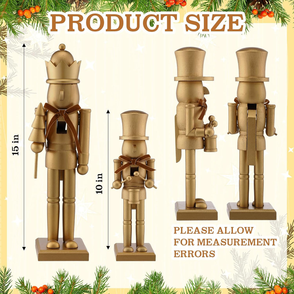2 Pcs Neutral Christmas Nutcracker Figure 10" 15" Gold Wooden