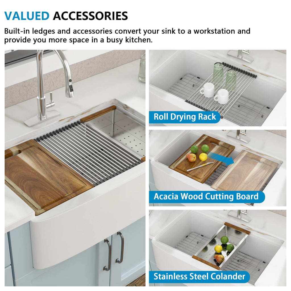 33 Inch White Farmhouse Sink Workstation - Curved Apron Farm house Front, High-Gloss Fireclay Porcelain Ceramic Farm