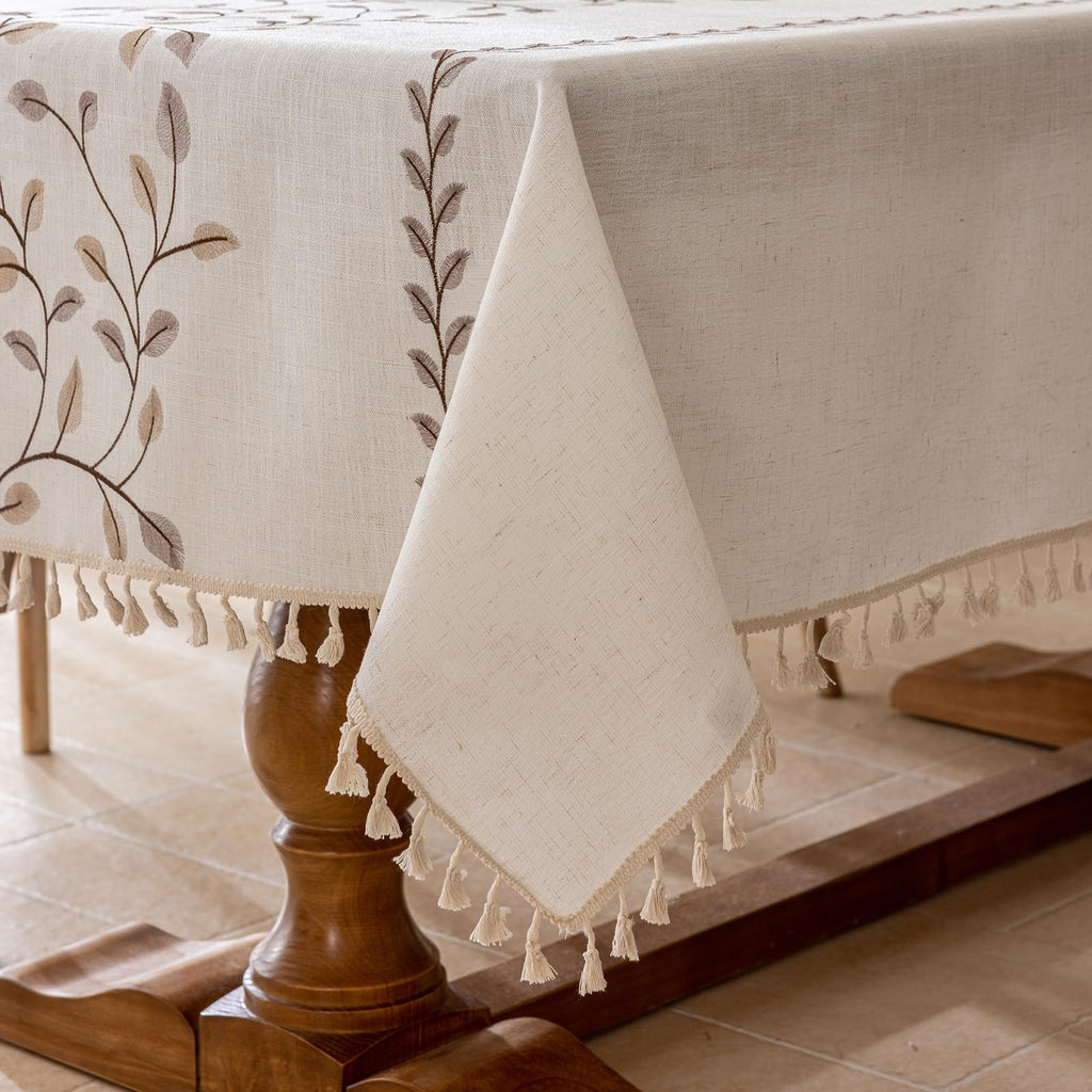 Rectangle Linen Tablecloth, Heavy Duty Waterproof Tablecloths, Farmhouse Embroidery Leaves Table Cloth with Tassels