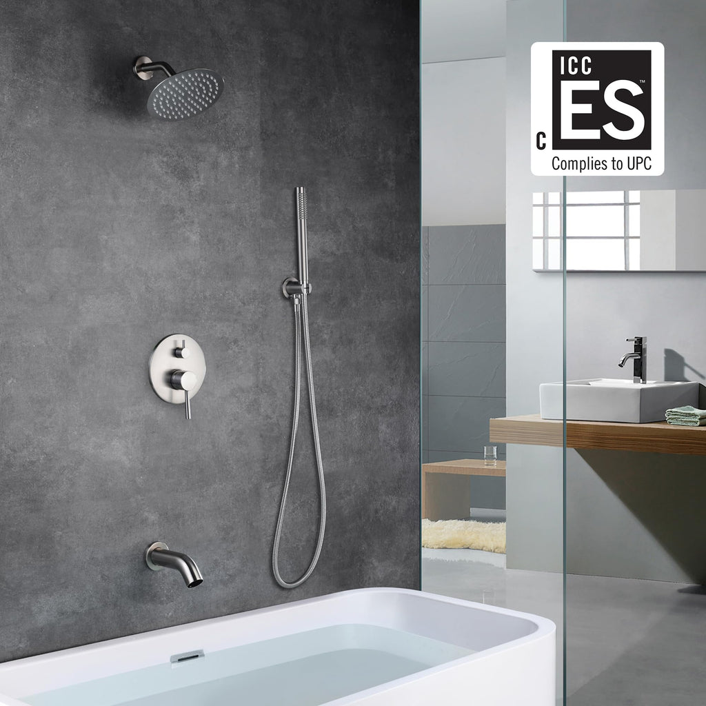 Brushed Nickel Shower System with Waterfall Tub Spout
