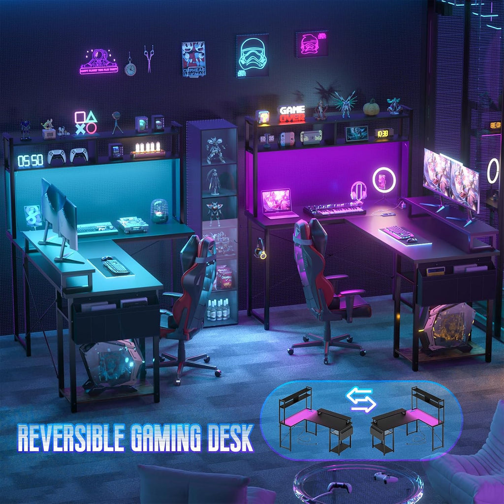 48" Small L Shaped Desk Gaming Desk with Power Outlets & Led Lights | Reversible L Shaped Computer Desk with Monitor