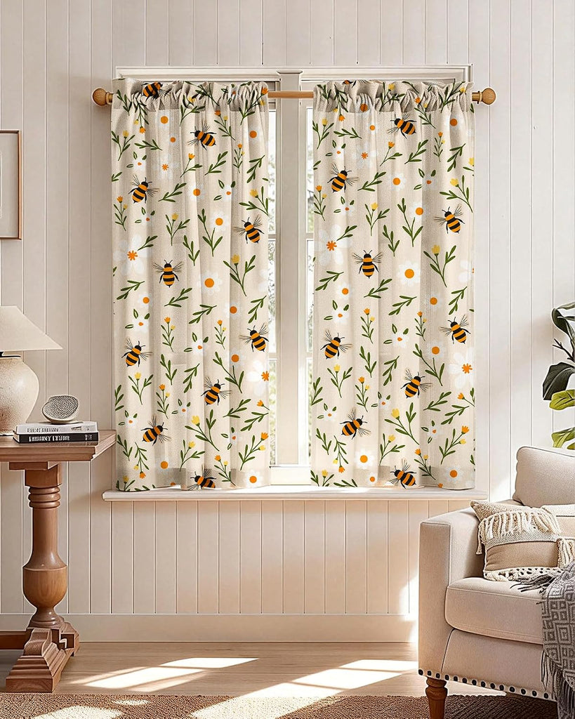 Bee Kitchen Tier Curtains - 45 Inch Length Linen Blend Country Cafe Curtains Farmhouse Small Window Treatments Over