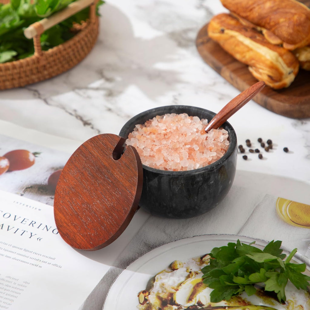 Marble Salt Cellar with Lid and Spoon, Acacia Wood, Black