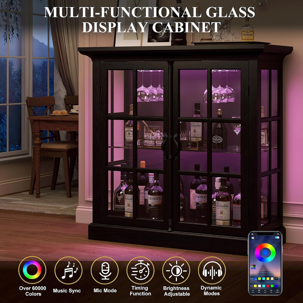 Modern 43" Display Cabinet, Vintage Curio Cabinet with LED Light and Wine Glass Holder, Farmhouse Wine Bar Cabinet