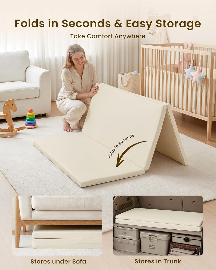 Foldable Baby Play Mat,Vegan Leather 47x47 Baby Mat for Floor,Beige