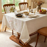 Summer Pink Floral Table Cloth Rectangle Table, Embroidery Heavy Duty Cotton Linen Tablecloth, Farmh