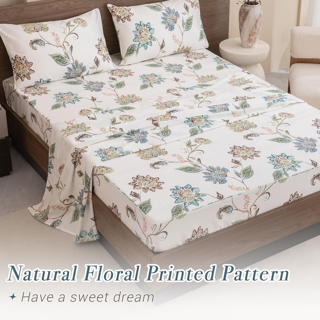 Boho Sheets Sets Percale Printed Sheets Queen Botanical Leaves Flower Pattern Printed Bed Queen Size