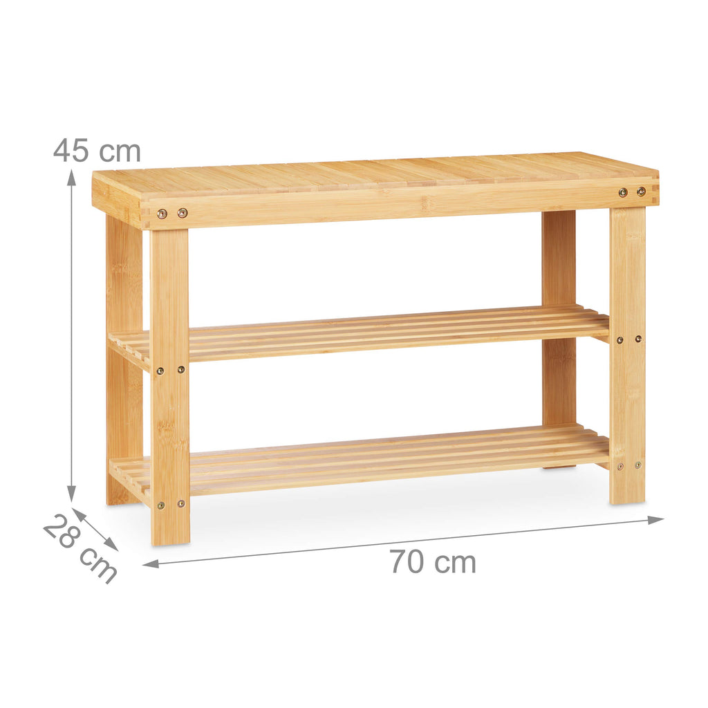 Bamboo Shoe Rack, Bench & 2 Shelves, Hallway Seat, Footwear Storage, Organiser, 45 x 70 x 28 cm, Natural