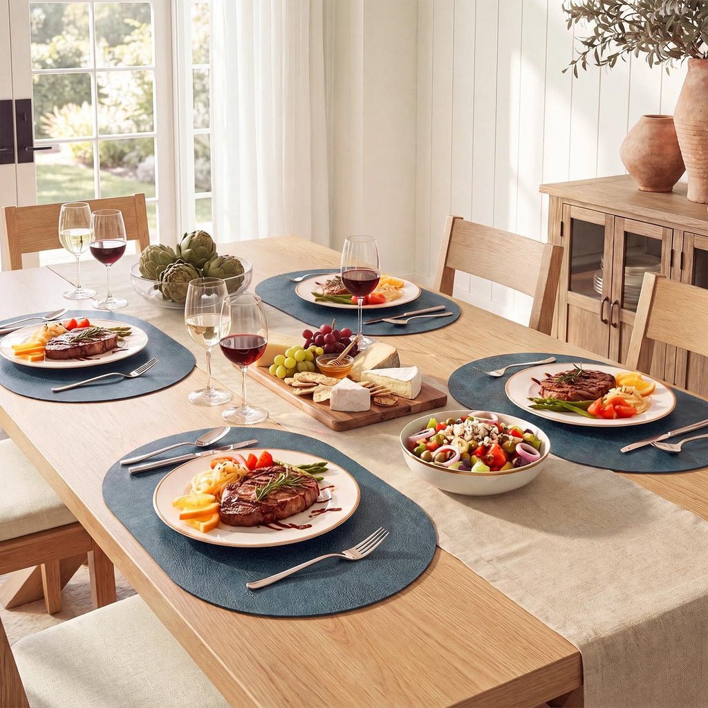 Vinyl Faux Leather Oval Placemats, Set of 4, Navy Blue