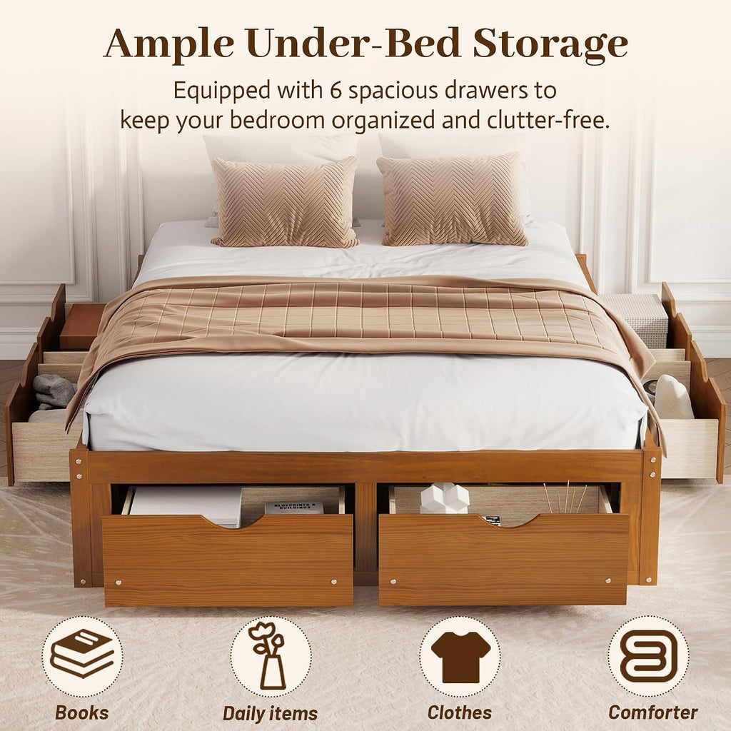 Japanese Queen Size Wooden Floor Bed Frame with 6 Storage Drawers