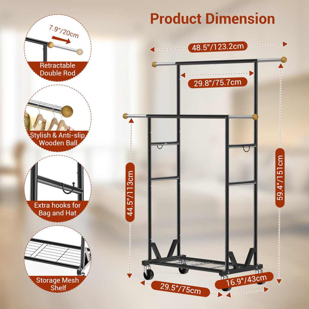 Rolling Garment Rack - Double Rod Clothes Rack with Lockable Casters, Mesh Storage Shelf & Anti-Slip Wooden Finials