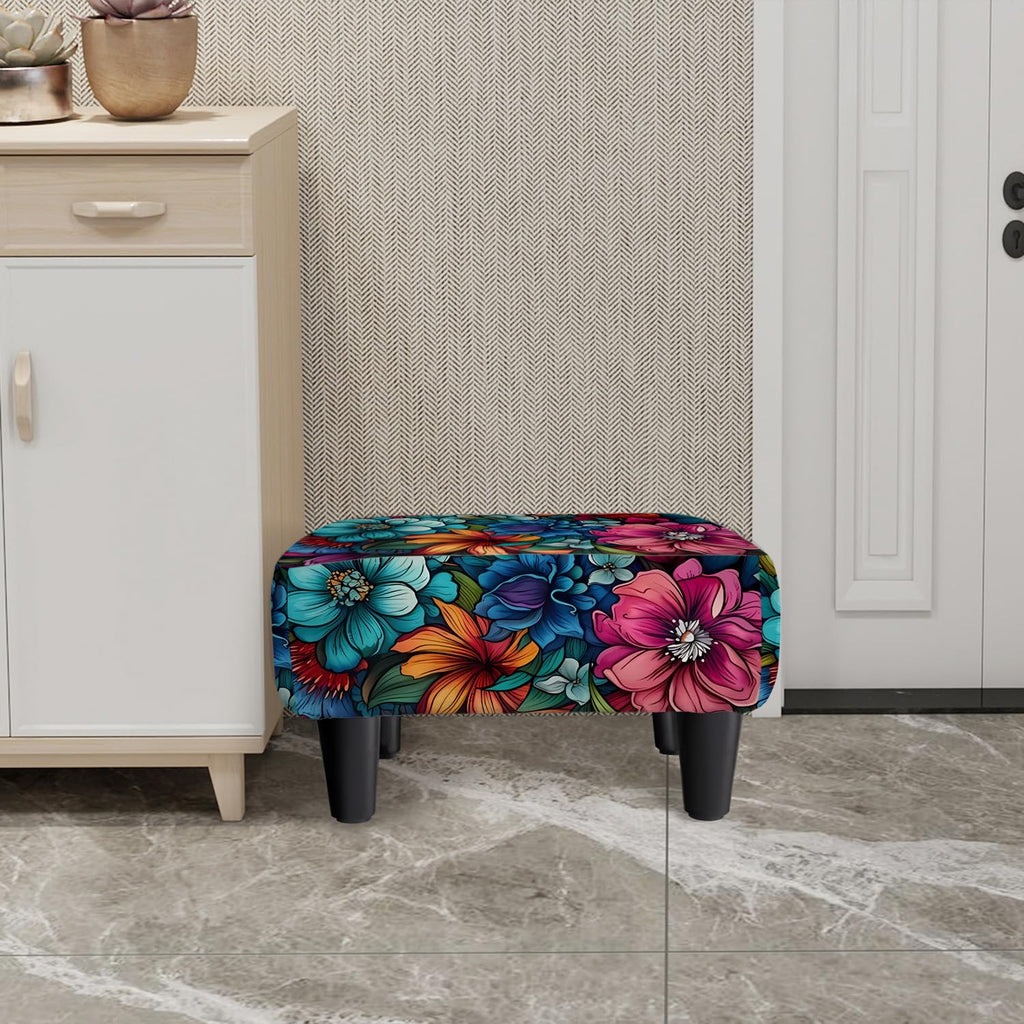 Flower Small Foot Stool Ottoman, Vintage Floral Linen Footrest for Couch