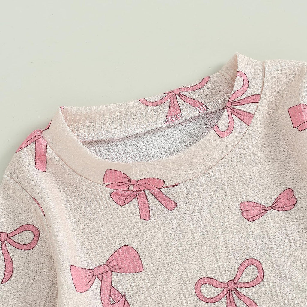 Fall Baby Girl Clothes Ruffle Long Sleeve Bow Print Sweatshirt Top Pants Set 2Pcs Waffle Knit Outfit