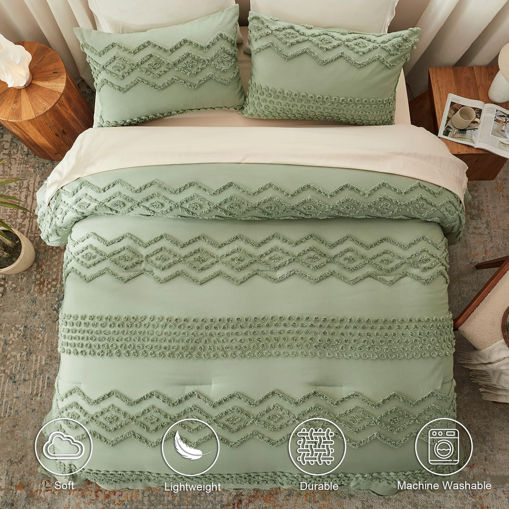 Sage Green Tufted Comforter Set, 3 Pieces Queen Boho Bedding Set
