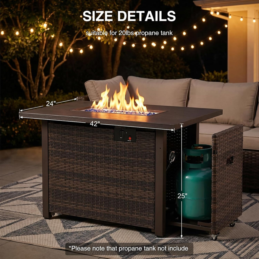 42 Inch Rectangular Propane Fire Pit Table with 50,000 BTU Output | 2-IN-1 Gas Fire Pit Table with Lid and Glass
