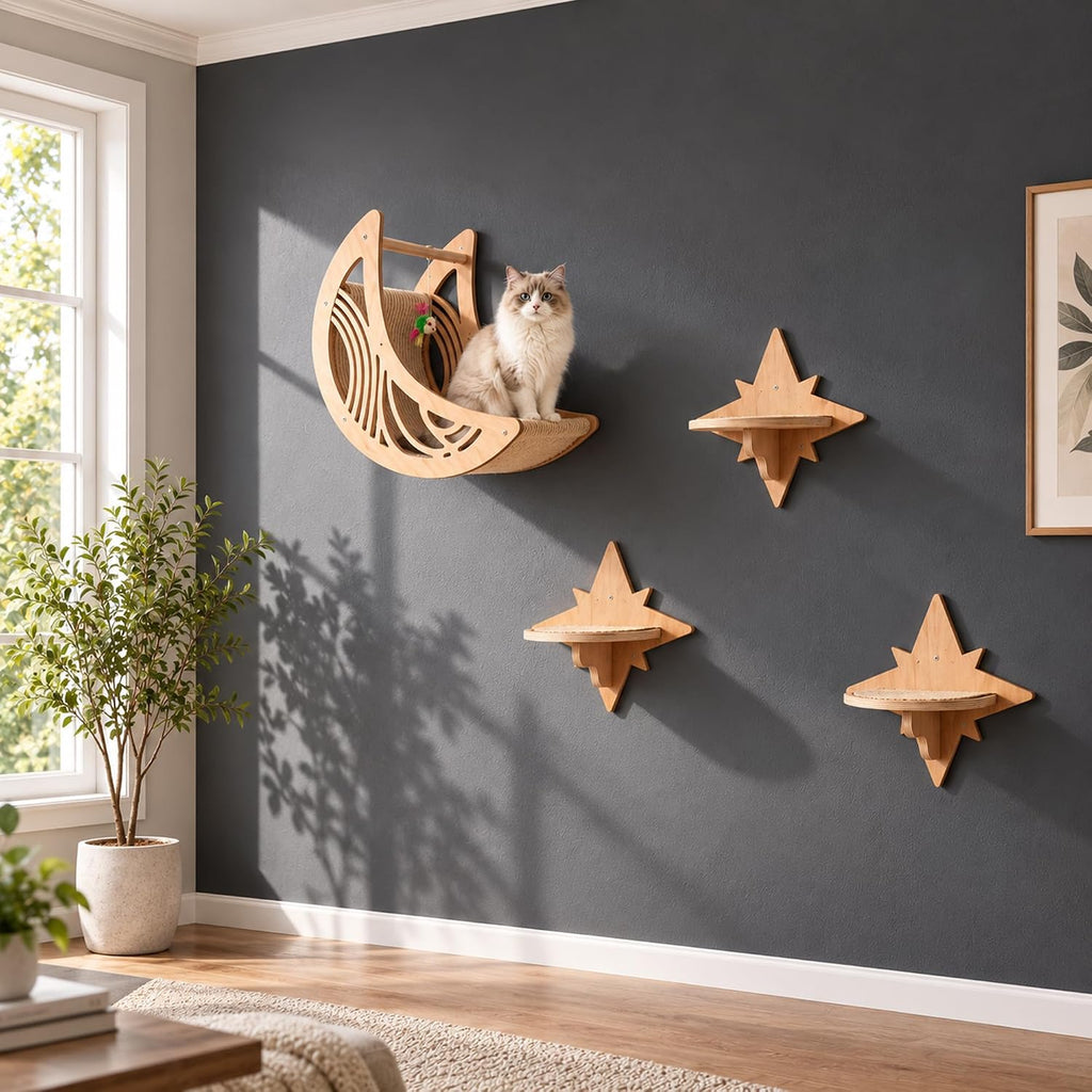 Cat Wall Shelves, Wooden Cat Wall Furniture with Moon Bed & 3 Star Steps, Cat Climbing Wall System, Floating Cat