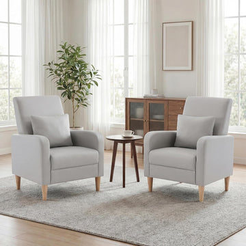 Mid-Century Modern Accent Chairs, Faux Leather Upholstered Living Room Chairs with Back Pillow & Solid Wood - Set of 2