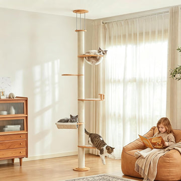 Floor to Ceiling Cat Tree Tower, Rubberwood Cat Window Perch with Cat Scratching Post, Hammock Ect, Adjustable Height
