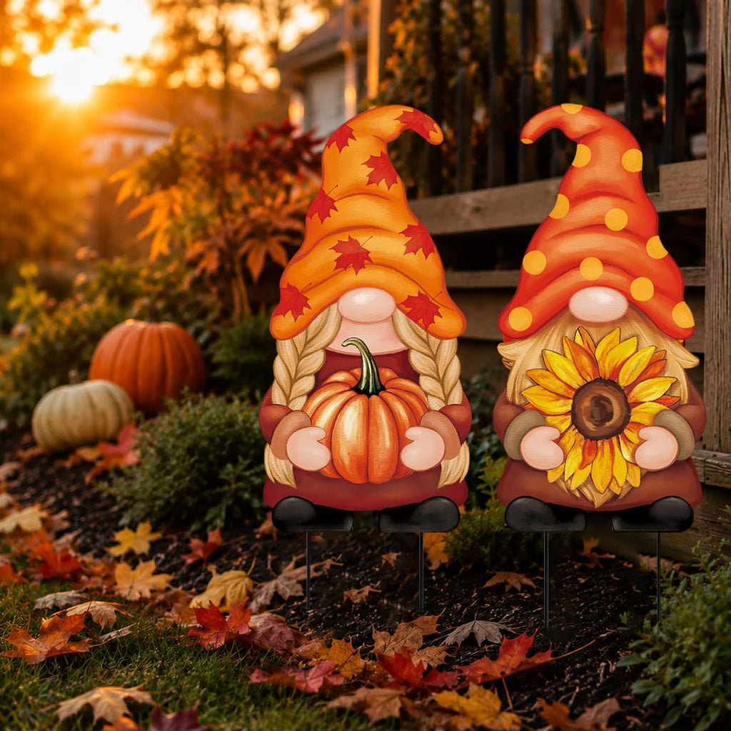 2Pcs Metal Gnomes Decorative Garden Stakes Pumpkin Sunflower Fall Thanksgiving Yard Signs Outdoor Decorations for