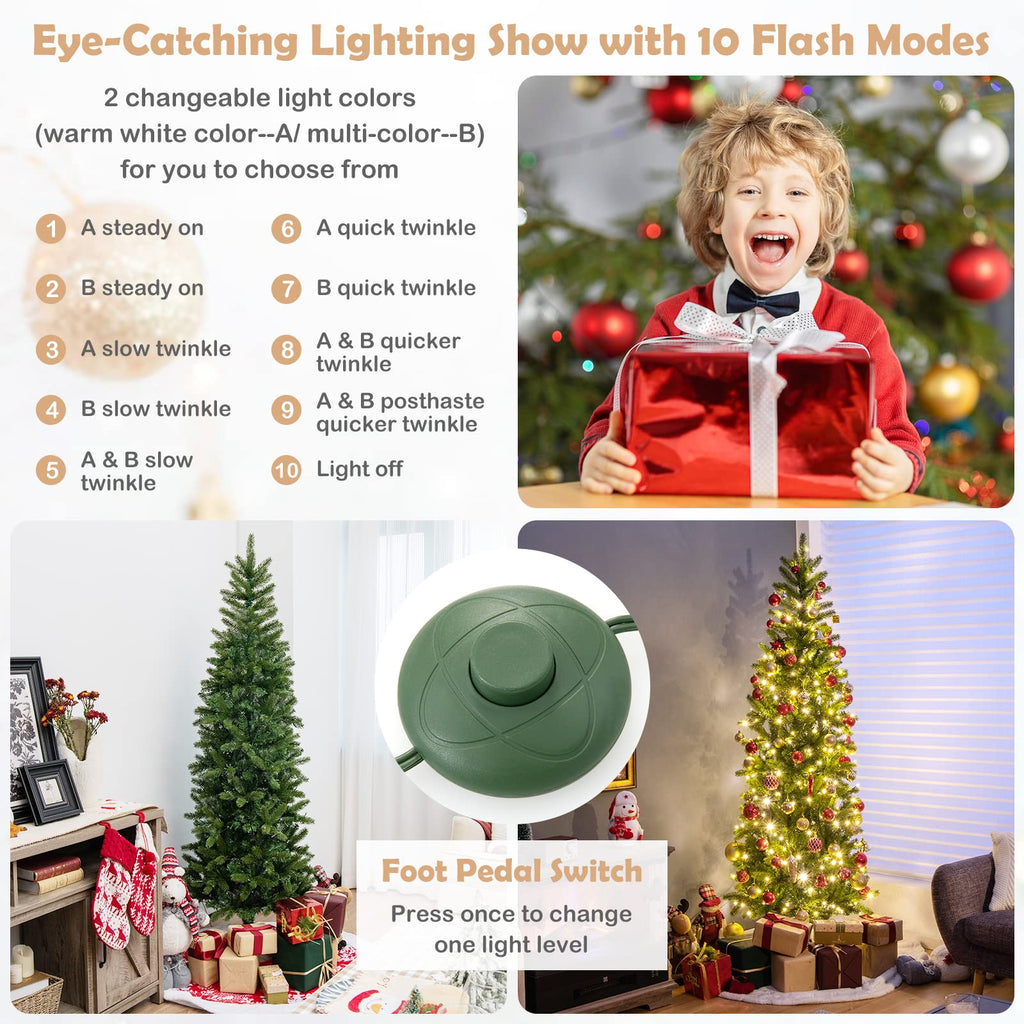 6 FT Pre-Lit Christmas Pencil Tree with 270 LED Warm White & Multi-Color Lights, 10 Flash Modes, 648 Tips, Hinged