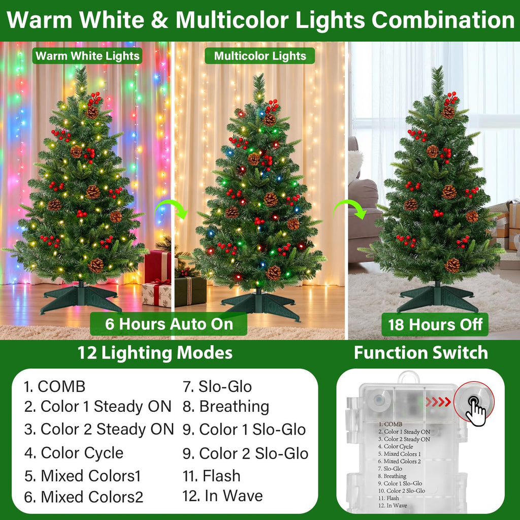 [Timer Remote & 12 Modes] 3FT Pre-Lit Christmas Tree with Lights, Artificial Small Christmas Tree with 50 LED Warm