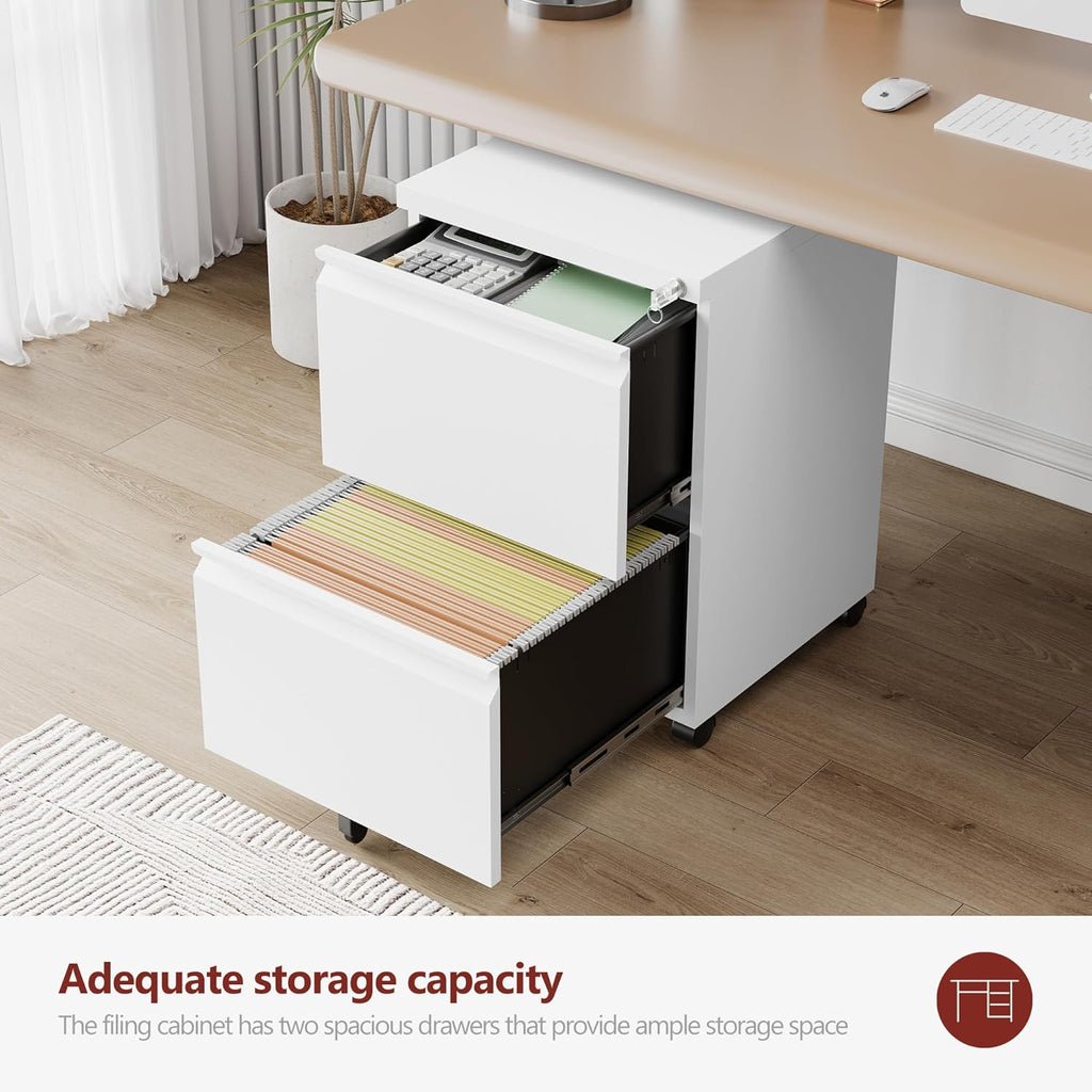 2 Drawer File Cabinet,Mobile Filing Cabinet with Lock and Wheels,Fully Assembled Metal Under Desk File Cabinets for