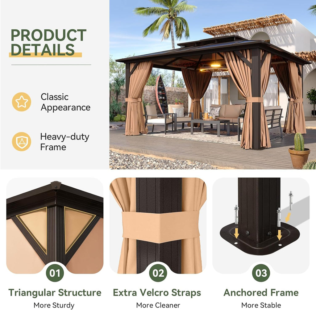 12'x10' Hardtop Gazebo, Aluminum Frame Permanent Pavilion wi - Image 6