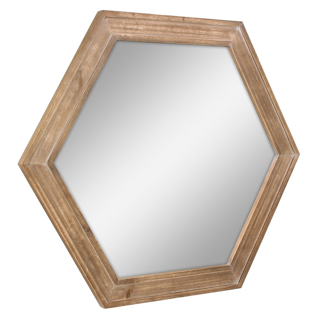 Decorative 24" Hexagon Hanging Wall Mirror with Natural Wood Frame and Attached Hanging Bracket, Rustic Farmhouse