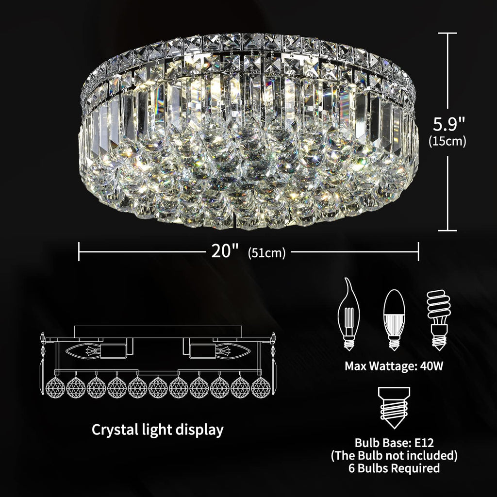 6-Lights Crystal Flush Mount Chandelier Light Fixture with K9 Crystals Modern Ceiling Lights Elegant Pendant Lamp for